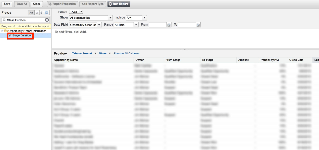 SFDC Quick Find Stage Duration